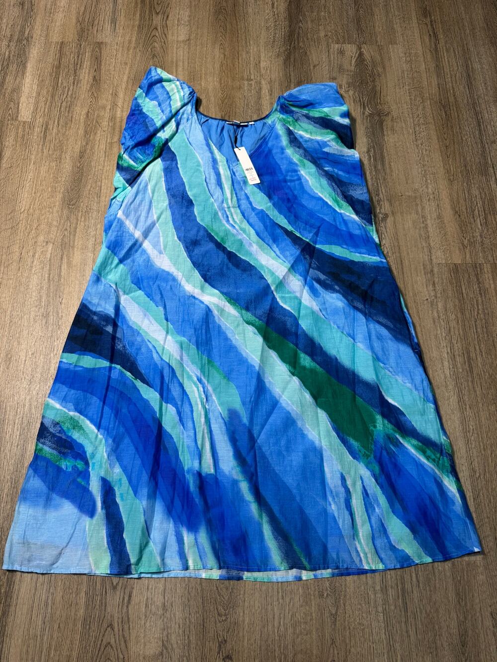 Chico's Women's Blue & Green Wavy Stripe Sleeveless Midi Dress